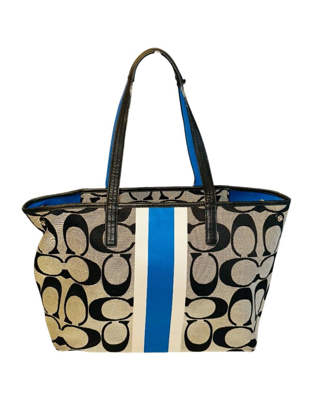 Coach Black/Gray/Blue Signature Stripe Hampton Weekend Stripe Tote